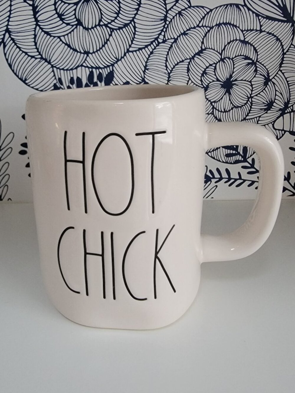 Rae Dunn ceramic mug Hot Chick black lettering on white glaze farmhouse decor